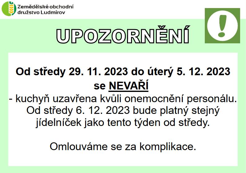 Uzavření kuchyně 29. 11. – 5. 12. 2023, jídelníček 4. 12. – 8. 12. 2023
